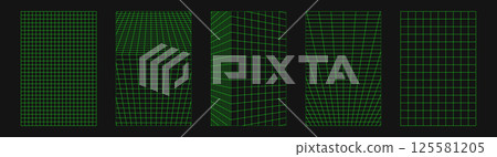 Abstract wireframes, cyberpunk elements and perspective green grids and spheres. Surreal geometric retro futuristic set. Psychedelic y2k shapes. Rave vector elements and signs in trendy psychedelic. Abstract wireframes, cyberpunk elements and perspective green grids and spheres. Surreal geometric retro futuristic set. Psychedelic y2k shapes. Rave vector elements and signs in trendy psychedelic. 125581205