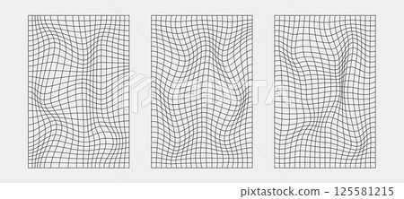 Abstract wireframes, cyberpunk elements and perspective black grids and spheres. Surreal geometric retro futuristic set. Psychedelic y2k shapes. Rave vector elements and signs in trendy psychedelic. 125581215