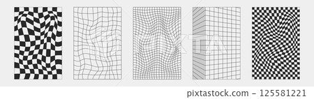 Abstract wireframes, cyberpunk elements and perspective black grids and spheres. Surreal geometric retro futuristic set. Psychedelic y2k shapes. Rave vector elements and signs in trendy psychedelic. 125581221