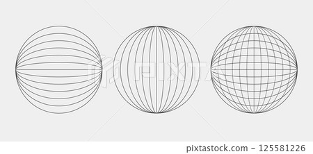 Abstract wireframes, cyberpunk elements and perspective black grids on a spheres. Psychedelic y2k shapes. Rave vector elements or trendy psychedelic signs. Surreal geometric retro futuristic set. 125581226
