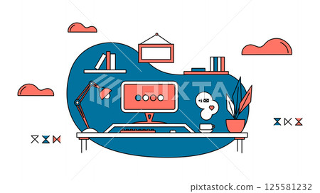 Freelancer organization concept. Home workplace. Benefits of remote work, limitations and workflow. Scene of work organization and home workflow improvement. Abstract vector business concept. Freelancer organization concept. Home workplace. Benefits of remote work, limitations and workflow. Scene of work organization and home workflow improvement. Abstract vector business concept. 125581232