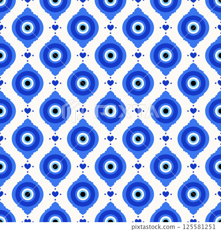 Evil eye background. Traditional Greek and Turkish blue bead. Vector magic seamless pattern with ethnic nazar - symbol of protection and luck. Ornament with energy amulet and spiritual talisman Evil eye background. Traditional Greek and Turkish blue bead. Vector magic seamless pattern with ethnic nazar - symbol of protection and luck. Ornament with energy amulet and spiritual talisman 125581251