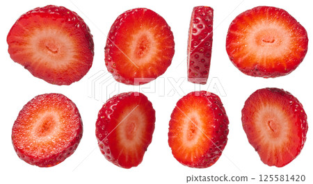 Set vibrant red strawberry slices, showcasing different angles and thicknesses, isolated background. 125581420
