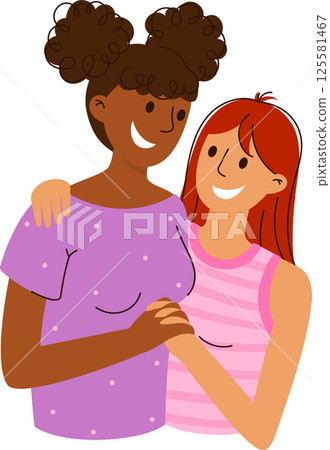 Interracial Lesbian Couple Hugging Illustration Isolated on White. Happy LGBT Women in Romantic Relationship. Homosexual Enamored People of Same Sex. Female Valentines, Girlfriends Embracing 125581467