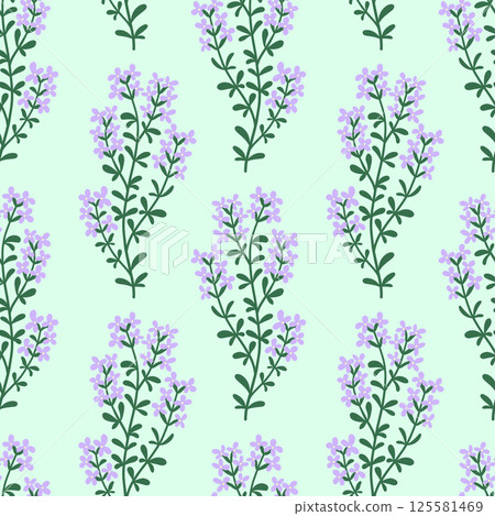 Blooming Lavender Seamless Pattern with Flower Branches on Light Green Background. Cute Spring Floral Design for Fabric, Wrapping Paper, Textile or Packaging Blooming Lavender Seamless Pattern with Flower Branches on Light Green Background. Cute Spring Floral Design for Fabric, Wrapping Paper, Textile or Packaging 125581469