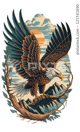 Huge American eagle with wings spread wide against mountains background 125581690
