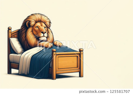A lion sleeping in bed. Space for text. A lion sleeping in bed. Space for text. 125581707