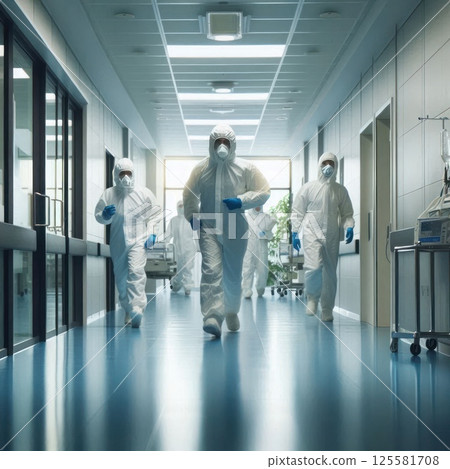 Medical workers in protective suits in the corridor of the hospital. 125581708