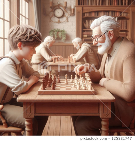 A boy and a grandfather play chess in a cozy environment. 125581747