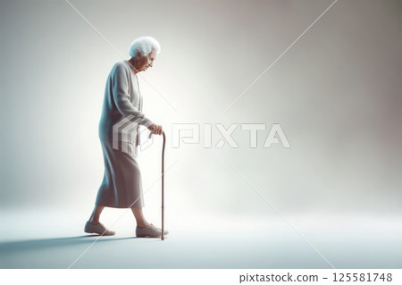 An old woman walking. Space for text. 125581748