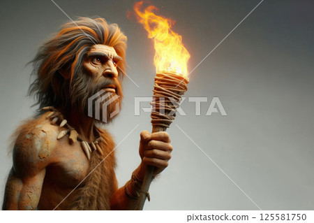 Primitive man with a torch in his hands. Space for text. Primitive man with a torch in his hands. Space for text. 125581750