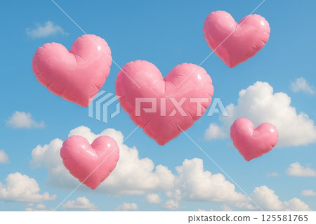 Pink heart balloons floating in blue sky with white clouds. concept of love, festive celebration, joyful atmosphere, romantic gesture, cheerful decoration. Pink heart balloons floating in blue sky with white clouds. concept of love, festive celebration, joyful atmosphere, romantic gesture, cheerful decoration. 125581765