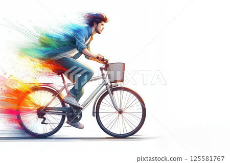 A man riding a bicycle leaves a colored trail. A man riding a bicycle leaves a colored trail. 125581767