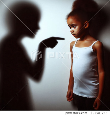 A shadow pointing a finger at a little girl. 125581768