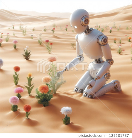 Robot kneeling next to flowers in the desert. 125581787