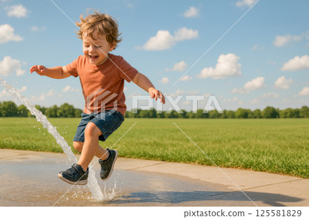 Joyful caucasian boy playing in water on a sunny day. concept of childhood joy, summer fun, playful activities, Copy space. 125581829