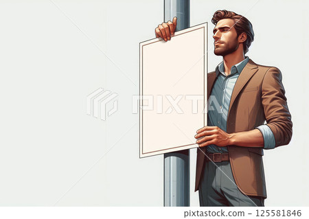 A man holds a blank poster for an announcement near a pole. Space for text. 125581846