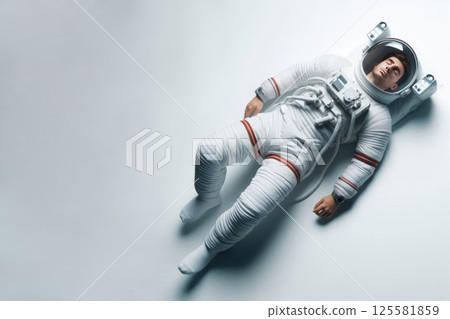 An astronaut in a spacesuit lies on a light background. Space for text. An astronaut in a spacesuit lies on a light background. Space for text. 125581859