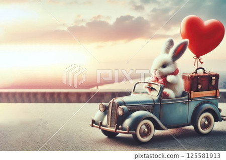 Bunny in a car with a balloon and a suitcase. Space for text. 125581913