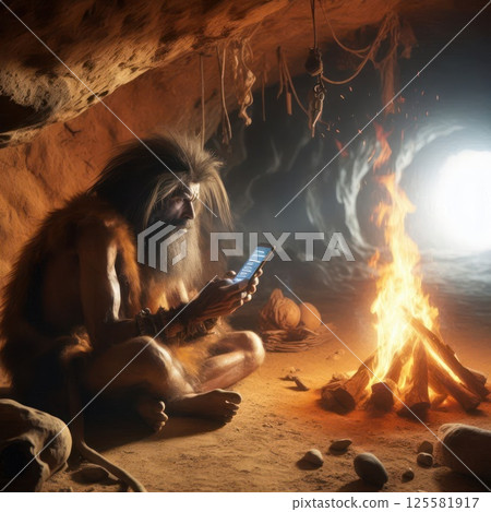 A primitive man with a smartphone in the forest by the fire. 125581917