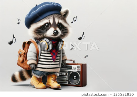A little raccoon with headphones and an old tape recorder. Space for text. A little raccoon with headphones and an old tape recorder. Space for text. 125581930