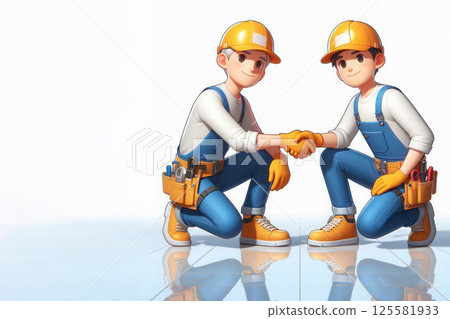 Two builders shaking hands. Space for text. 125581933