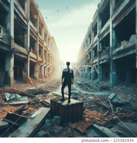 A lonely man among the destroyed buildings. 125581934
