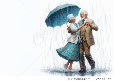 An elderly couple dancing in the rain with an umbrella. Space for text. An elderly couple dancing in the rain with an umbrella. Space for text. 125581936