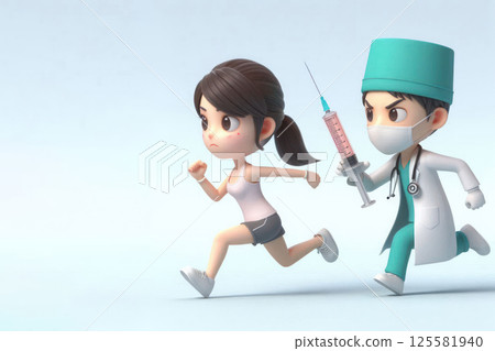 A doctor with a syringe runs after a young woman. Space for text. 125581940