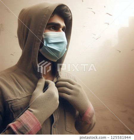 A man in a medical mask against the background of a dusty environment. 125581944