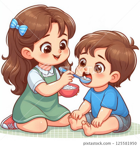 A sister feeds her younger brother with a spoon. A sister feeds her younger brother with a spoon. 125581950