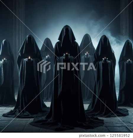 Standing people in robes and holding candles. Standing people in robes and holding candles. 125581952
