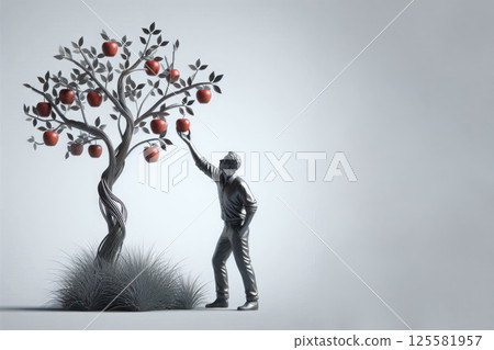 Metal tree with apples as a symbol of choice. Space for text. Metal tree with apples as a symbol of choice. Space for text. 125581957