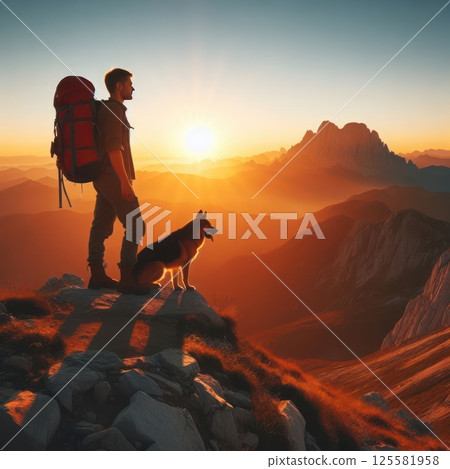 Traveler with a dog against the background of mountains and sunset. 125581958