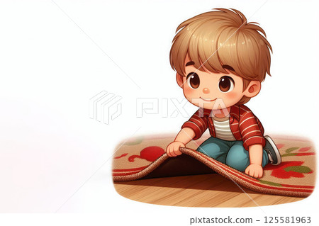 The boy looks under the carpet. Space for text. The boy looks under the carpet. Space for text. 125581963