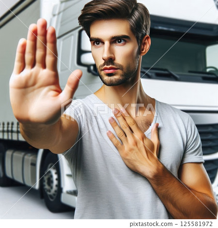 A man standing in front of a truck raises his hand, stopping the movement. A man standing in front of a truck raises his hand, stopping the movement. 125581972