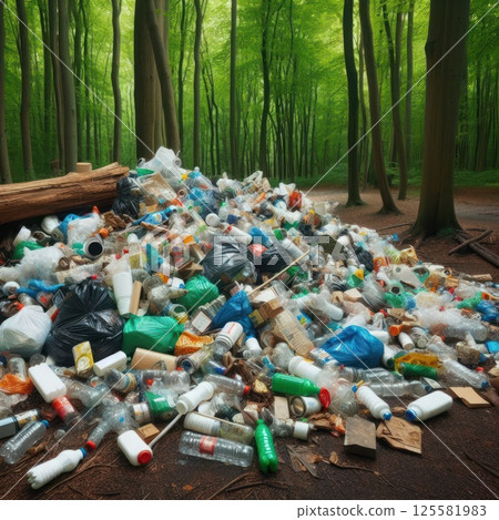 A pile of garbage dumped in the forest. 125581983