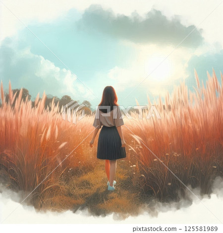 A girl walks through a wheat field towards the rising sun. 125581989