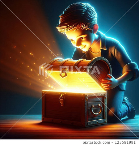 The boy opens a magical treasure chest. 125581991