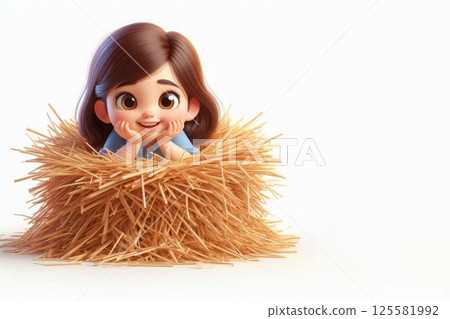 A little girl peeking out from behind a haystack. Space for text. 125581992