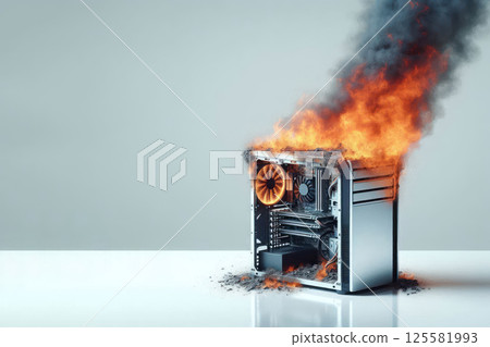 A burning computer system unit. Space for text. 125581993