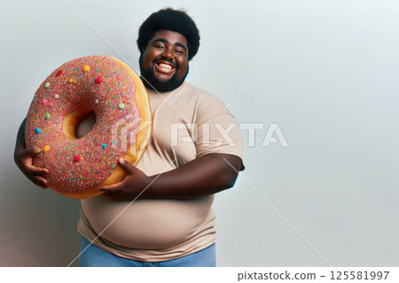 A fat happy man holding a big donut. Space for text. 125581997