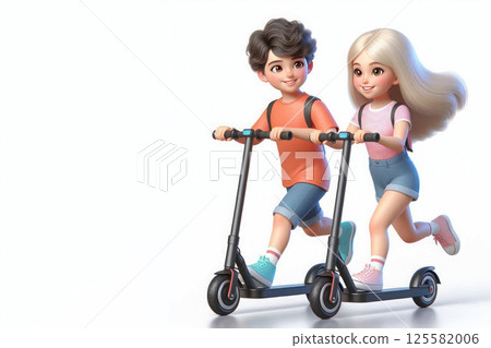 A boy and a girl riding electric scooters. Space for text. A boy and a girl riding electric scooters. Space for text. 125582006