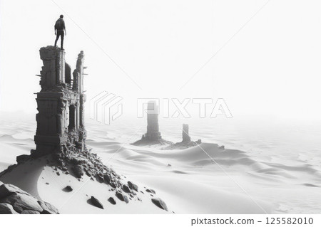A man standing on ruins in the desert, looking into the distance. Space for text. A man standing on ruins in the desert, looking into the distance. Space for text. 125582010