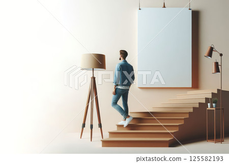 A man standing on a staircase in a room near a clean shield hanging on the wall. Space for text. 125582193
