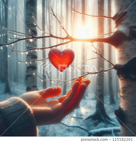 A hand reaches for a loving heart on a branch in a winter forest. 125582201