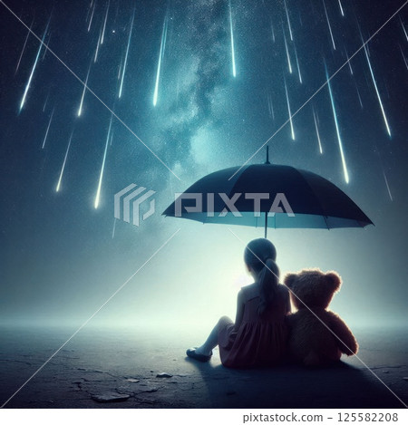 A girl under an umbrella with a bear and a starry sky during falling meteorites. 125582208