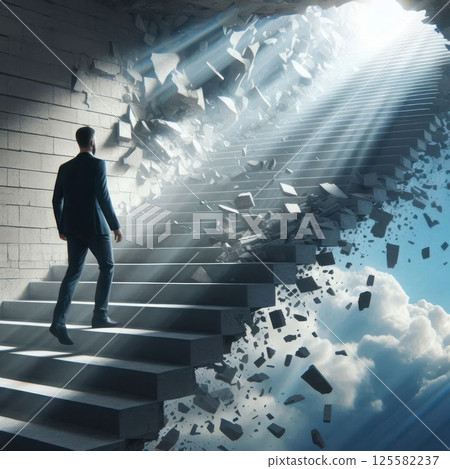 A man walking up a crumbling staircase to the light. A man walking up a crumbling staircase to the light. 125582237