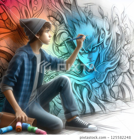 A boy drawing a mythical character. 125582248