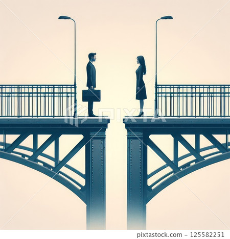 A man and a woman standing on opposite sides of a divided bridge. 125582251